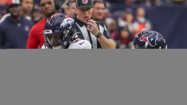 Dec 3, 2023; Houston, Texas, USA;Denver Broncos wide receiver Jerry Jeudy (10) catches the ball against Houston Texans cornerback Desmond King II (25) in the second half at NRG Stadium. Mandatory Credit: Thomas Shea-USA TODAY Sports  